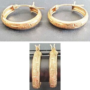 14K Real Solid Yellow Gold Hand Engraved Greek Design Hoop Earrings